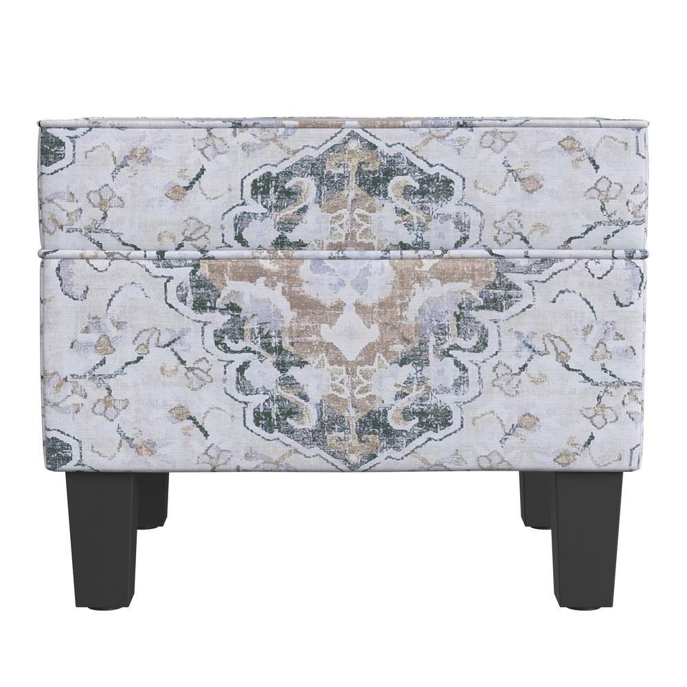 Antiqued Ebony Medallion Upholstered Storage Ottoman with Hinged Lid