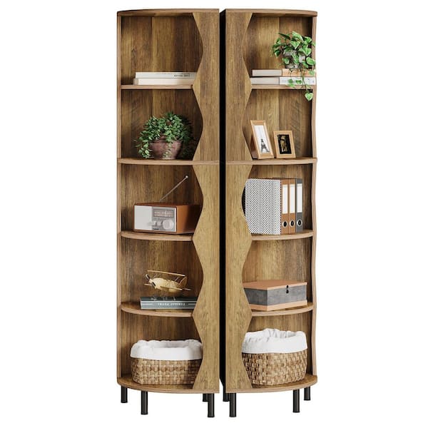 Jannelly 71.5 in. Tall Brown Wood 6-Shelf Corner Bookshelf Set of 2, Stylish Bookcase Display Shelf with Curved Design