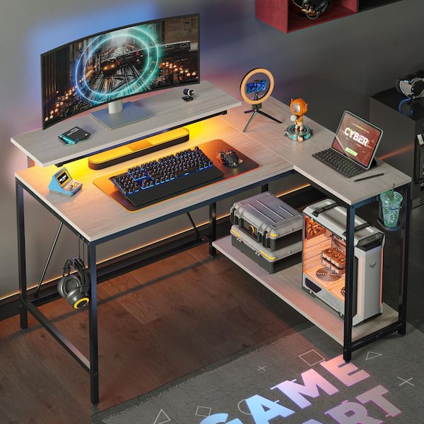 PINMOCO 42 in. L-Shaped Wash Walnut Reversible Gaming Desk LED Computer Desk with Storage Monitor Stand and Headset Hooks
