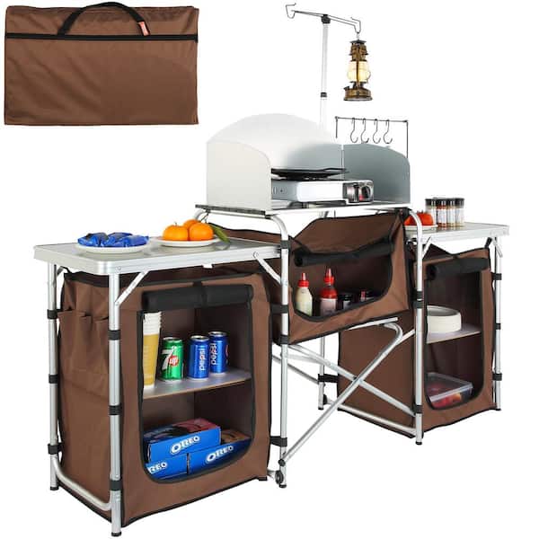 SKYSHALO Camping Kitchen Table, Folding Outdoor Cooking Table with Storage Carrying Bag, Aluminum Cook Station 3 Cupboard