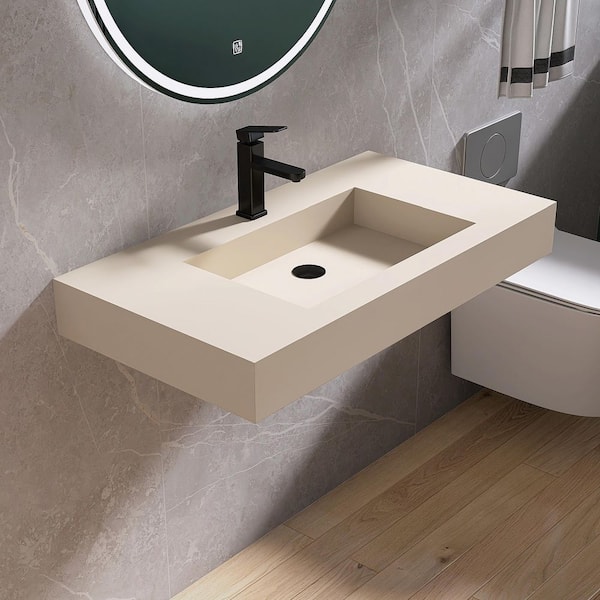 35 in. W x 19 in. D x 4 in. H Rectangular Solid Surface Bathroom Wall-Mount Sink/ Vessel Sink in Cream with Faucet Hole