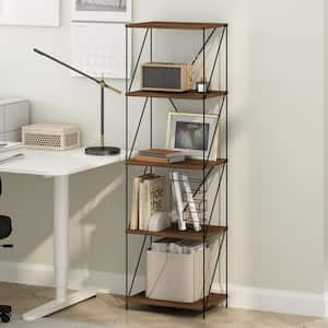 Wire 53.74 in. Tall Walnut Cove Wood 5-Shelf Metal Frame Bookcase