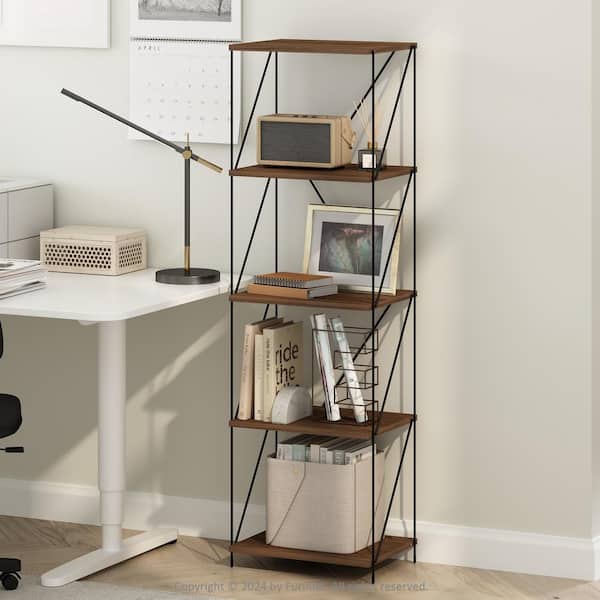 Furinno Wire 53.74 in. Tall Walnut Cove Wood 5-Shelf Metal Frame Bookcase