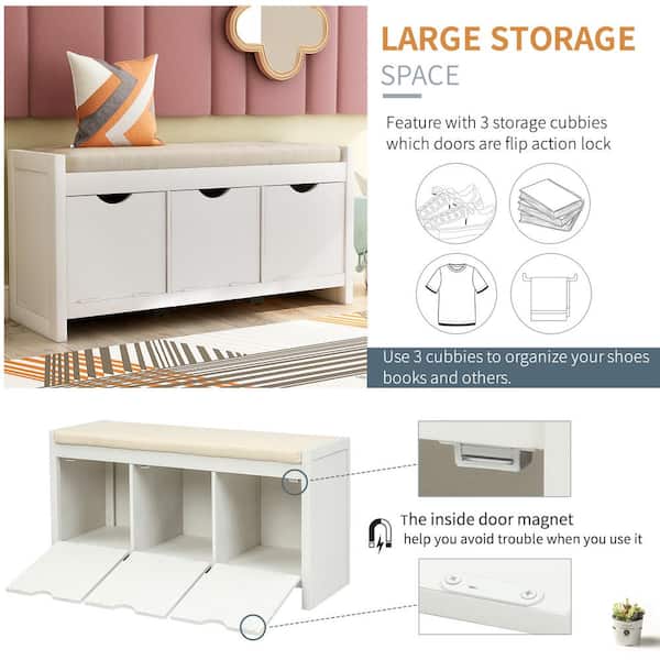 aisword Storage Bench Entryway White Removable Cushion and 3-Flip Lock Storage Cubbies for Living Room WF19538PBH5AAK - Depot