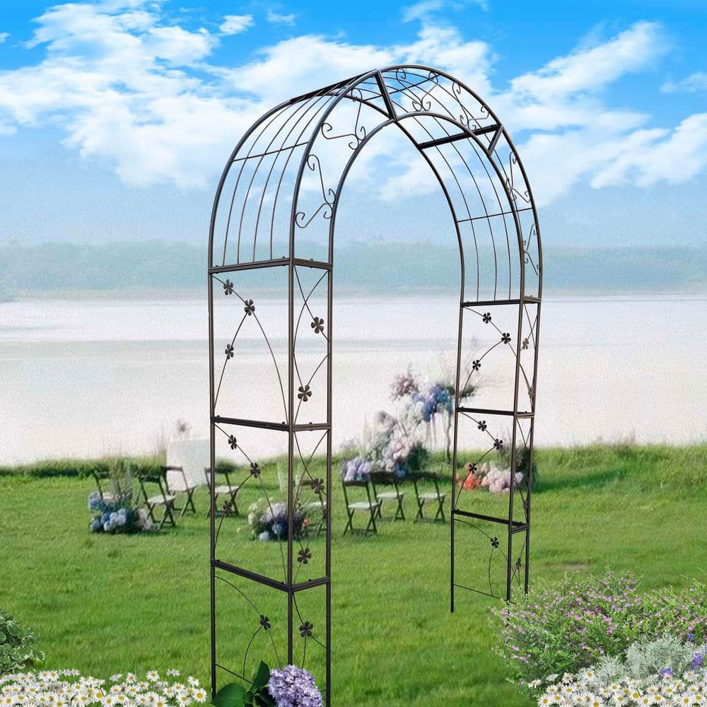98 in. x 58 in. Metal Garden Arch with Gate, Garden Arbor Trellis for Climb