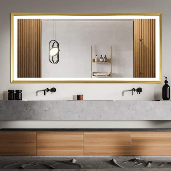 HBEZON Metis 96 in. W x 48 in. H Oversized Rectangular Aluminium Framed Dimmable Anti-Fog Wall Bathroom Vanity Mirror in Gold