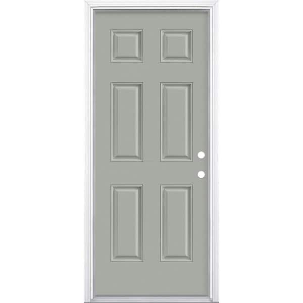 Masonite 32 in. x 80 in. 6-Panel Silver Cloud Left Hand Inswing Painted Smooth Fiberglass Prehung Front Door with Brickmold