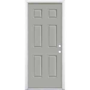 32 in. x 80 in. 6-Panel Silver Cloud Left Hand Inswing Painted Smooth Fiberglass Prehung Front Door with Brickmold