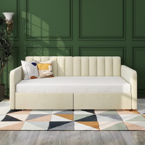 Noble House Ninal Modern Velvet Twin Size Daybed with Drawers, Upholstered, Beige