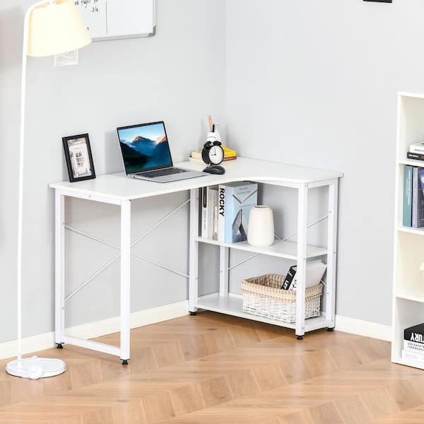 Mcombo Computer Desk Office Desk with 3-Tier Shelves, White Desk