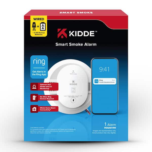 Hardwired Smart Smoke Detector and AA Battery, Ring App Enabled, Wireless Interconnect, Voice Alerts, RGSAR-RW