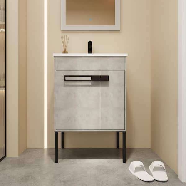 Unbranded 24 in. W x 18 in. D x 35 in. H Single Sink Freestanding or Floating Bath Vanity in Cement Grey with White Ceramic Top