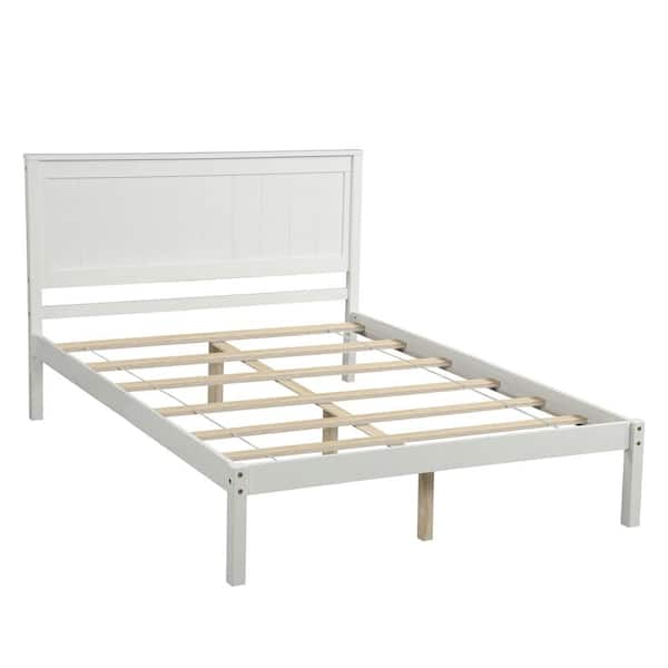 White Full Platform Bed Frame with Headboard Wood Slat Support