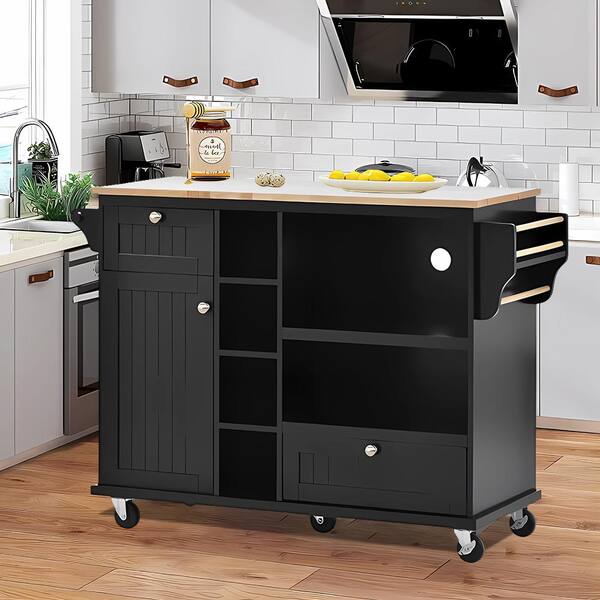 Black Rubber Wood Top 50.8 in. W Kitchen Island on 5-Wheels with ...