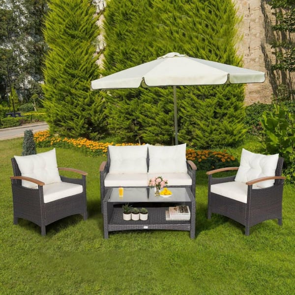 4-Piece Rattan Metal Patio Patio Conversation Set with Cushions in White and Storage Table