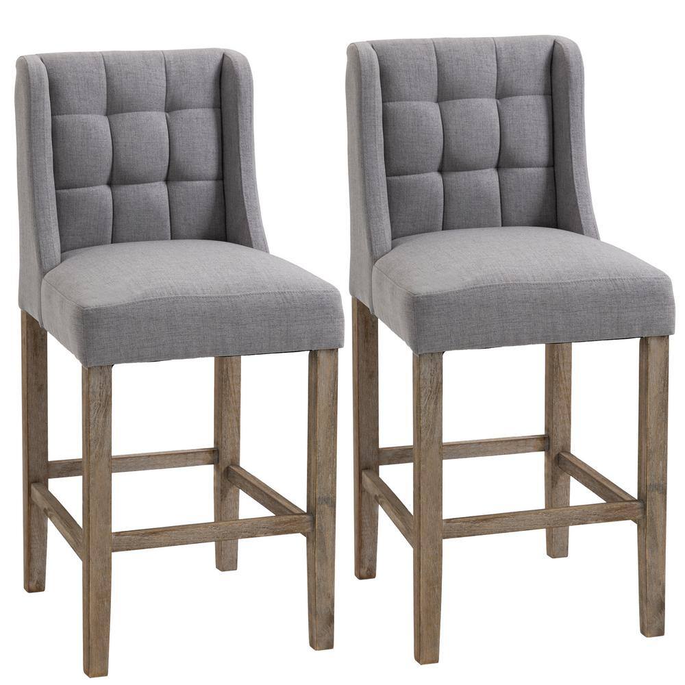 Gray Tufted Upholstered Bar Stools with Rubber Wood Legs, Set of 2