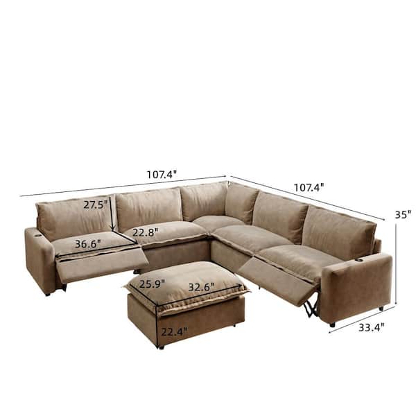 Power Recliner Couch, 107 in. Square Arm 6-Piece Linen ModularMotion Sectional Sofa with Heating, USB Ports in. Khaki