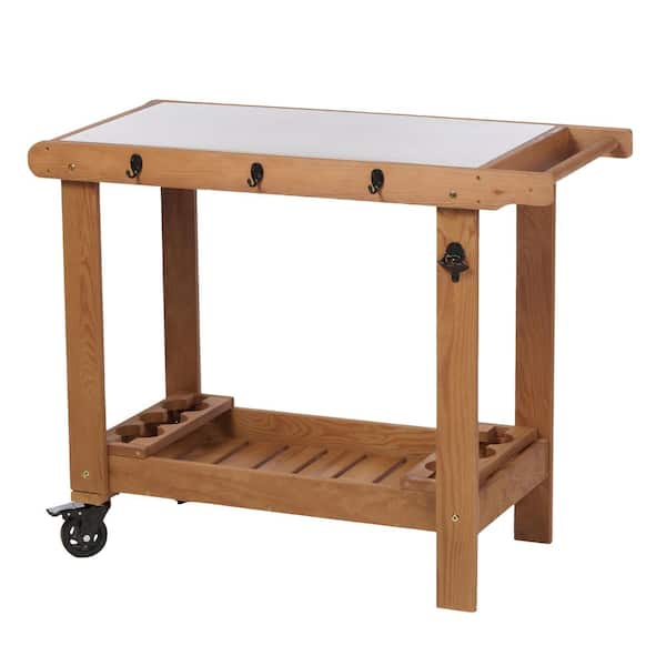 Outdoor Wooden Grill Cart Table with Wheels, Metal Top and Storage, for Patio Backyard Garden BBQ