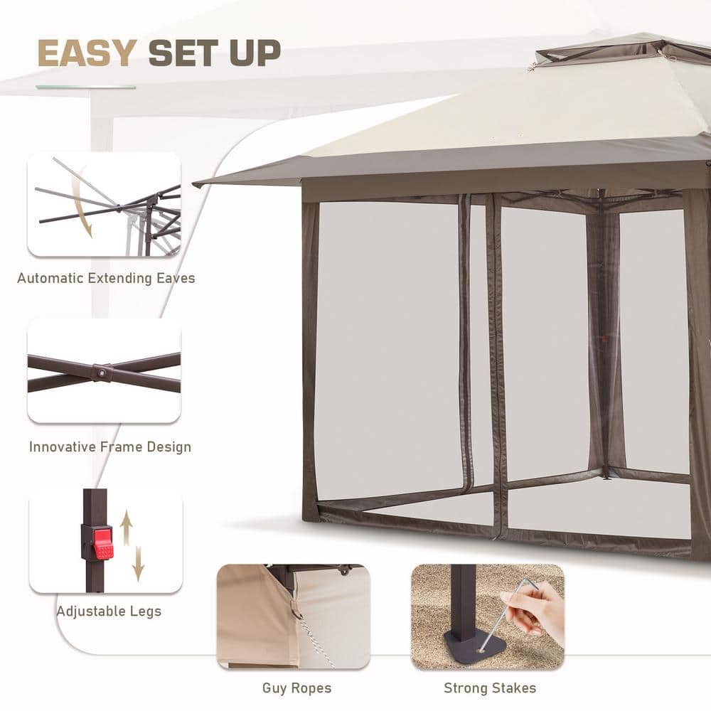 Beige and Brown Metal Pop-Up Patio Gazebo with Mosquito Netting