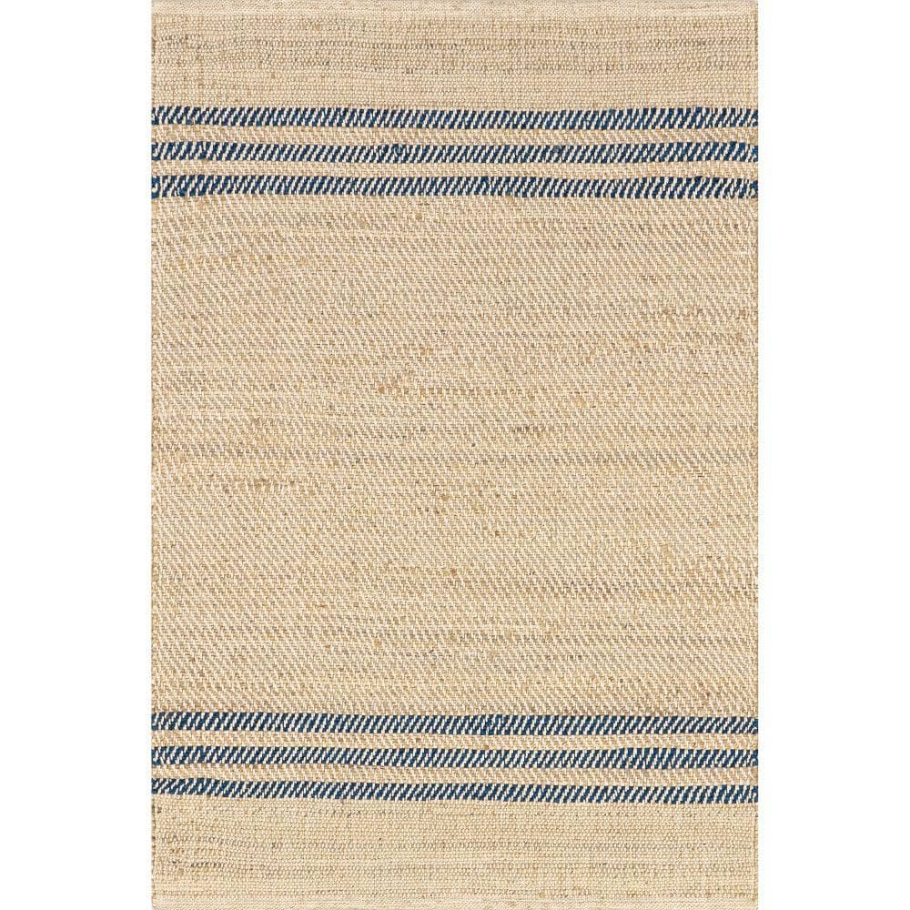 Natural Jute Flatwoven Area Rug with Blue Stripes, 5' x 8'