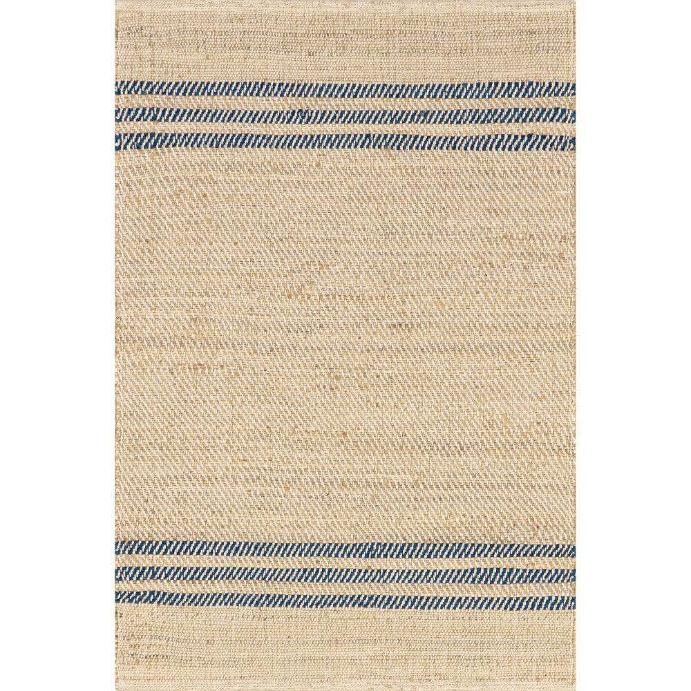 Natural Jute Flatwoven Area Rug with Blue Stripes, 5' x 8'