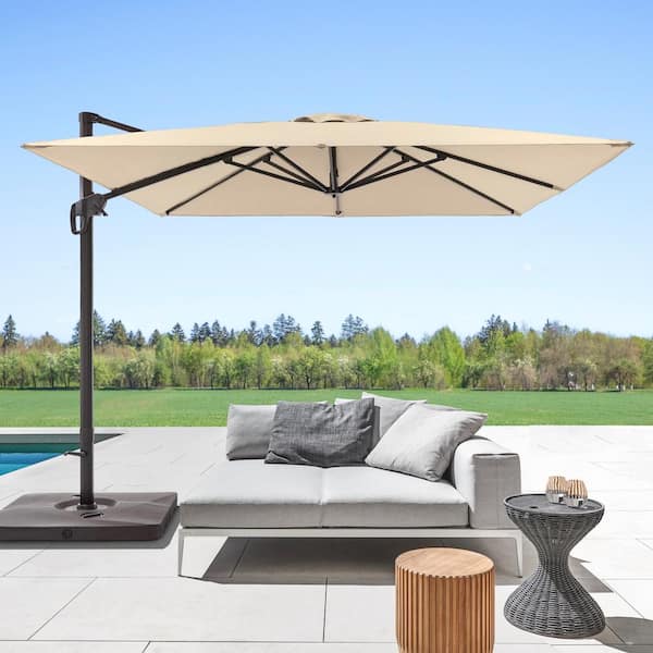 Sonkuki Sand Premium 10 ft. x 10 ft. Cantilever Patio Umbrella with a Base and 360° Rotation and Infinite Canopy Angle