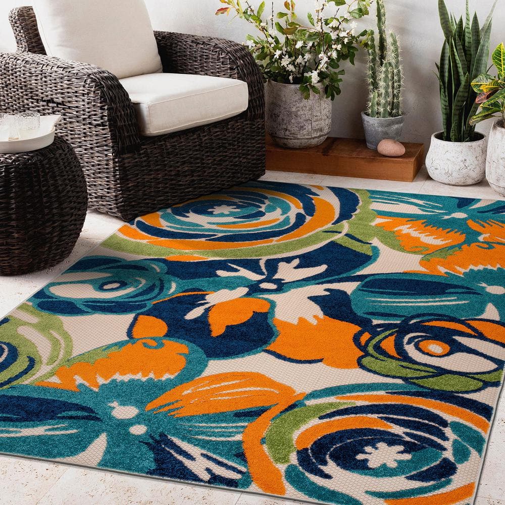Modern Multi-Color Floral Synthetic Indoor/Outdoor Area Rug 8' x 10'