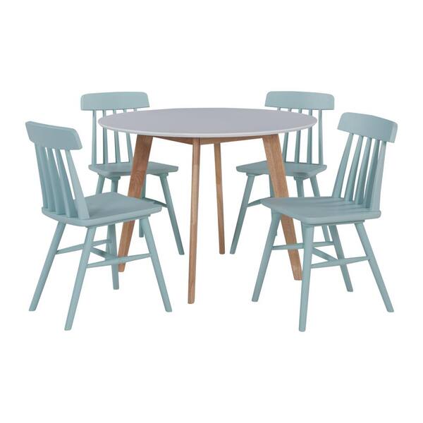 Handy Living Edgewater 5-Piece Dining Set with White Topped Round Table and Armless Wood Dining Chairs in Sky Blue