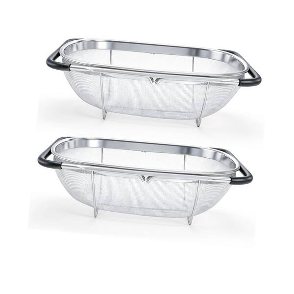 Over the Sink Oval Fine Mesh 6 Quart Stainless Steel Expandable Rubber Grip Handles Colander (Set of 2)