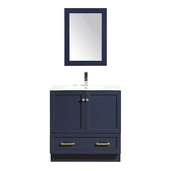 Wonline 31.50 in. W x 17.72 in. D x 33.46 in. H Single Sink Bath Vanity in Blue with White Ceramic Top and Mirror