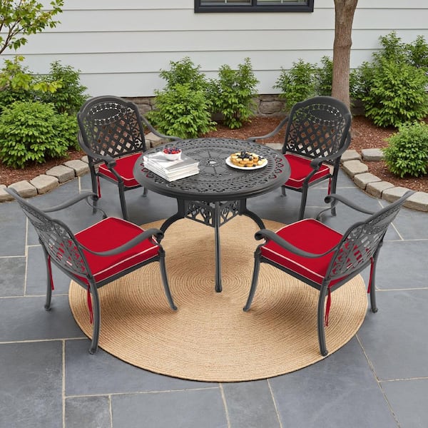 Willit Isabella Black 5-Piece Cast Aluminum Outdoor Dining Set with Round Table and Dining Chairs and Red Seat Cushion