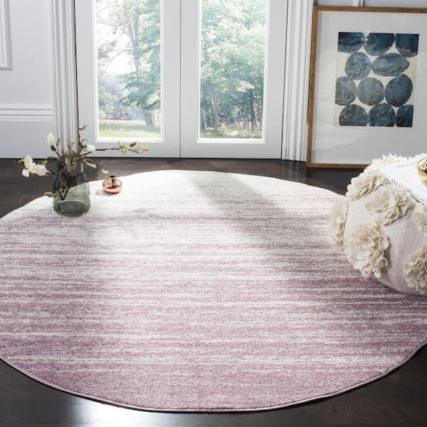 Adirondack Cream/Purple 8 ft. x 8 ft. Solid Color Striped Round Area Rug