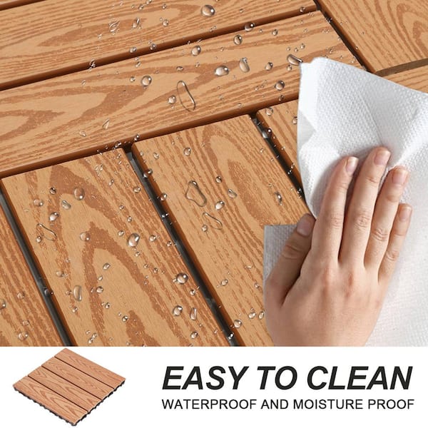 GOGEXX 11.8 in.Wx11.8 in.L Outdoor Striped Pattern WPC Composite Interlocking Flooring Deck Tiles (20 Per Box), Light Coffee