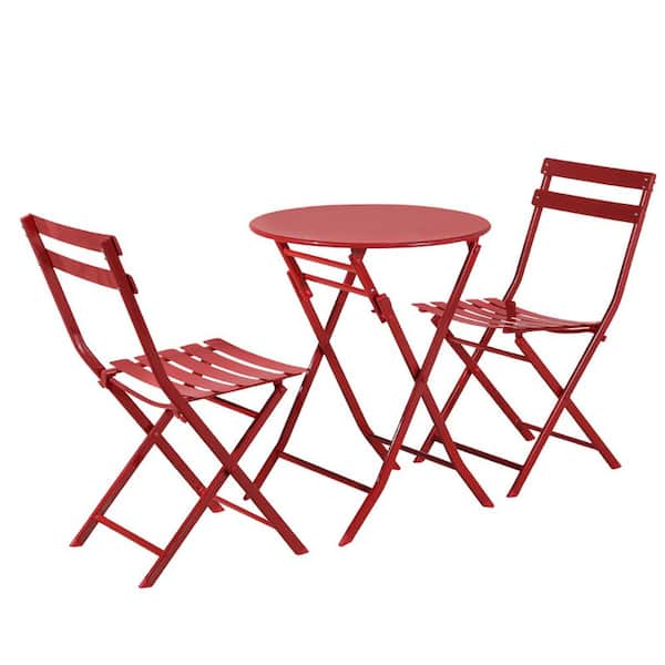 Otryad 3-Piece Metal Outdoor Bistro Set with Round Table and 2 Folding Chairs in Red