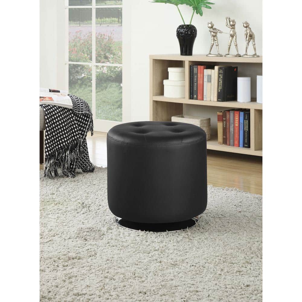 Black Faux Leather Round Swivel Ottoman with Chrome Base