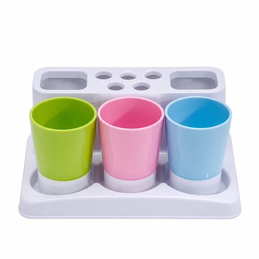 1-Piece Plastic Bathroom Countertop Toothbrush and Toothpaste Holder Set with 3 Rinse Cups, White Pink Green Blue price history on PriceWatchPro