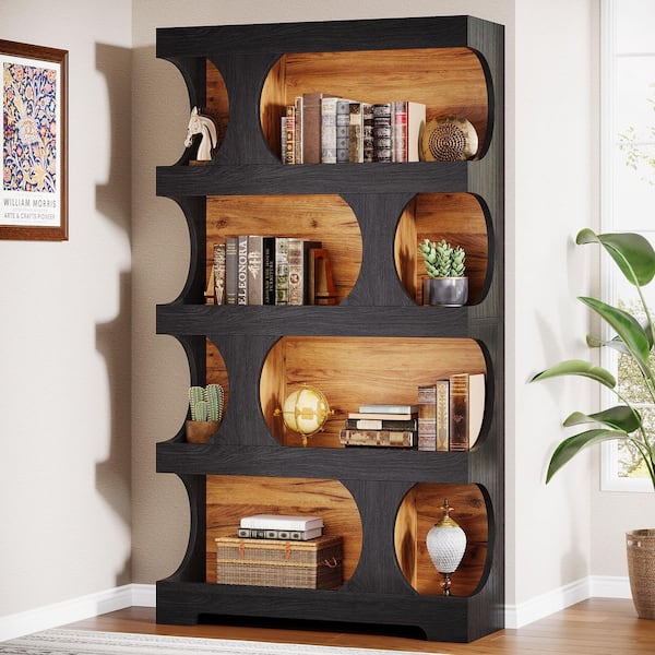 Eulas 71 in. Tall 4-Tier S-Shaped Black MDF Bookcase for Home Office