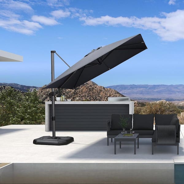 PURPLE LEAF 9 ft. Square Cantilever Patio Umbrella Swivel Aluminum Offset 360° Rotation Umbrella with Base, Gray