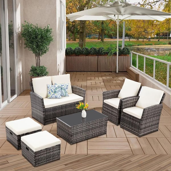 Cesicia 6-Piece Gray Wicker Outdoor Sectional Set with Beige Cushions and Coffee Table