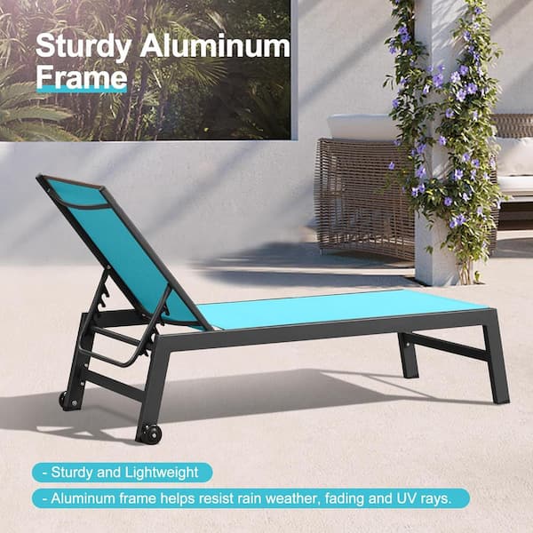 Textilene 3-Pieces Outdoor Metal Pool Lounge Chairs with Side Table and Wheels, Turquoise Blue