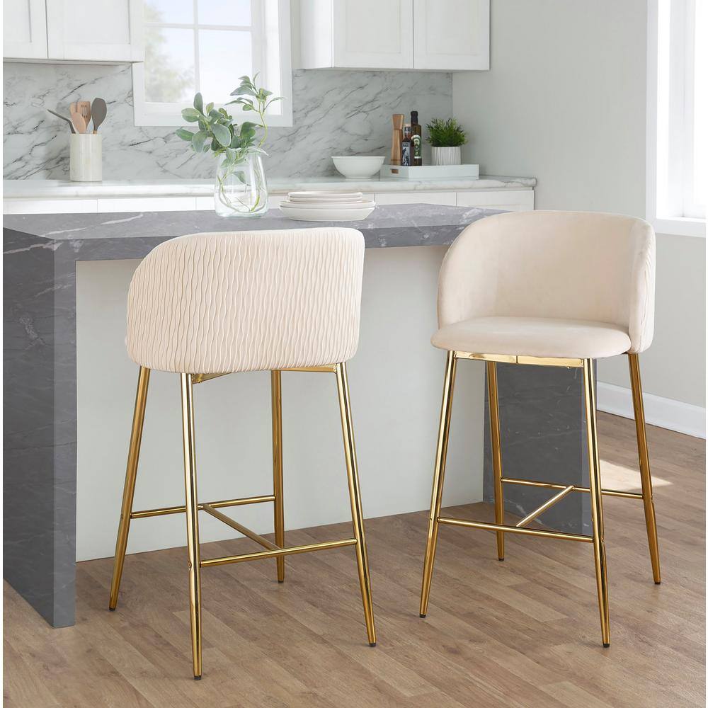 Fran Pleated Waves Gold Metal and White Velvet Counter Stools, Set of 2