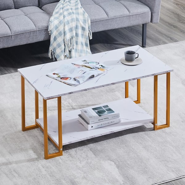 2-Tier White Rectangle Marble Print Coffee Accent Table with Black Metal Frame 