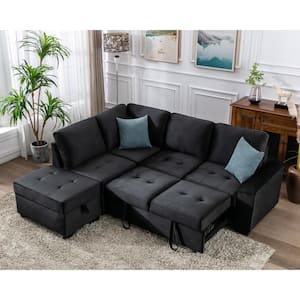 86 in. Black Linen Upholstered Twin Size Sofa Bed with Hidden Storage and Ottoman