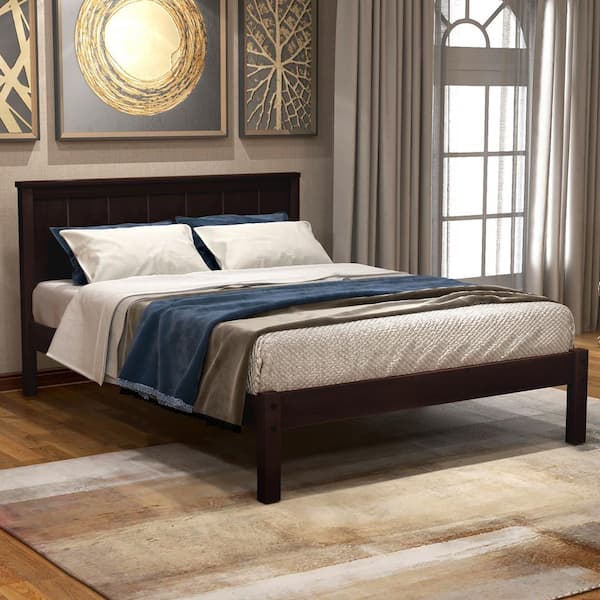 GODEER Espresso Twin Platform Bed Frame with Headboard Wood Slat ...