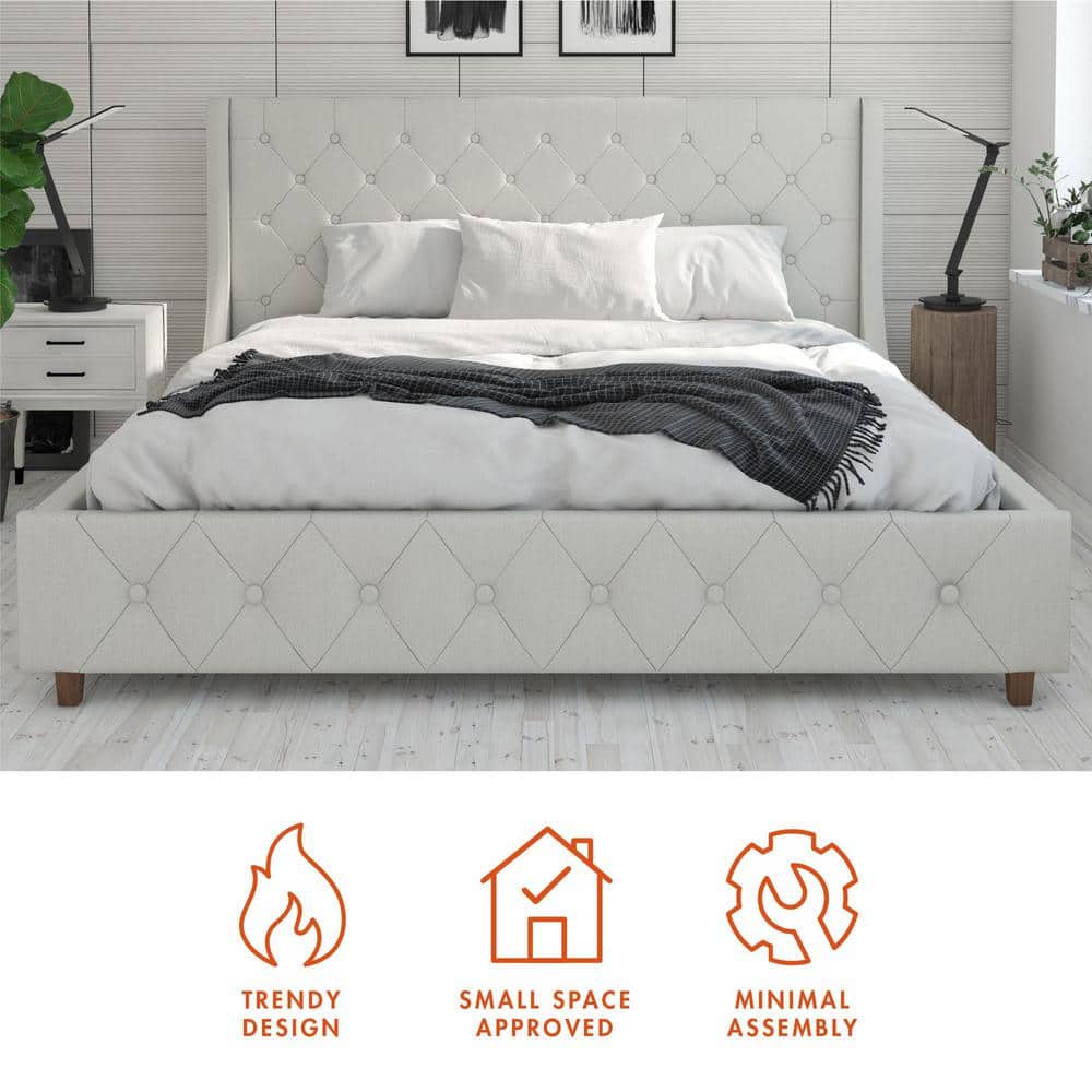 Light Gray Linen Tufted King Upholstered Bed with Metal Frame