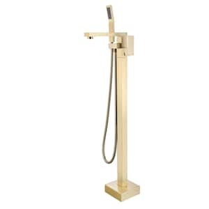 ACAD Single-Handle Freestanding Floor Mount Tub Faucet Bathtub Filler with Hand Shower in Brushed Gold