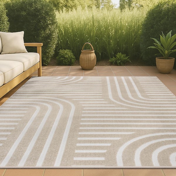 Anders High-Low MidCentury Modern Arch Stripe 2-Tone Beige/Cream 8 ft. x 10 ft. Indoor/Outdoor Area Rug