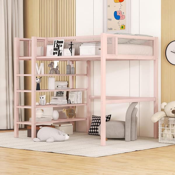 Harper & Bright Designs Pink Twin Size Metal Loft Bed with 4-Tier Shelves and Bedside Storage Shelve
