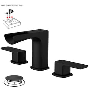 Waterfall 8 in. Widespread Double-Handle Black Bathroom Faucet Set 3-Holes Vanity Sink with Metal Drain in Matte Black