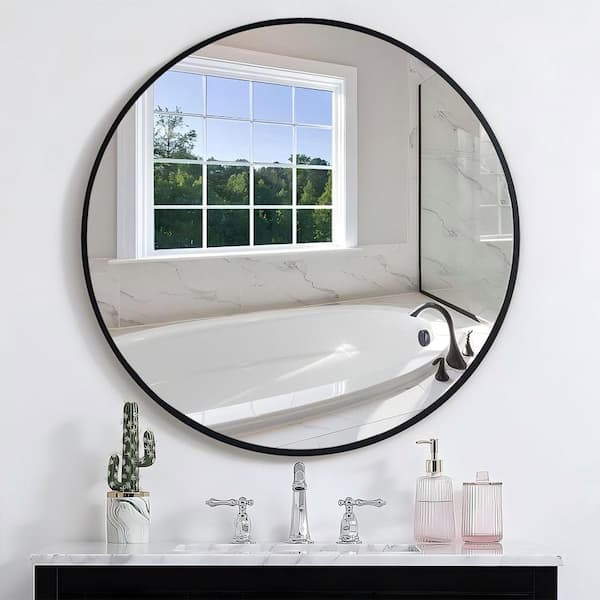 UPIKER 32 in. W x 32 in. H Small Round Aluminum Framed Copper-Free Wall Bathroom Vanity Mirror in Black
